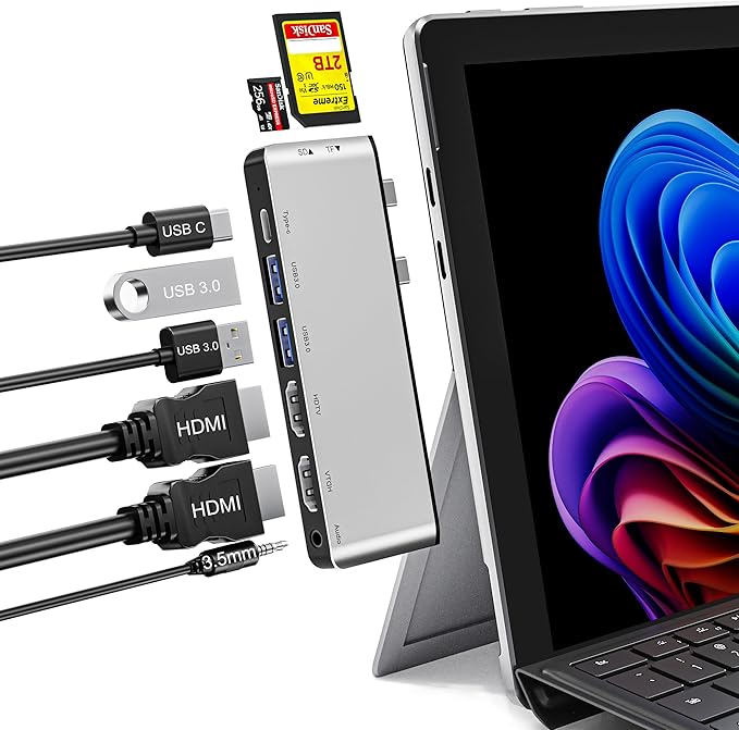 Surface Pro 9/10/11 Docking Station - 8-in-1 Triple Display Surface Pro 9/10/11 Accessories Adapter with Dual HDMI 4K 1x USB C (100W 40Gbps) 2x USB 3.0 SD/Micro SD Card Reader and 3.5mm Audio Jack