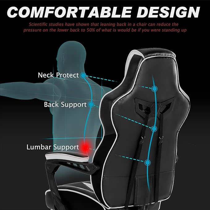 Vonesse Gaming Chair with FootrestReclining Computer Gaming Chair for AdultsBig and Tall Gamer Chair with MassageErgonomic High Back (White/Black)
