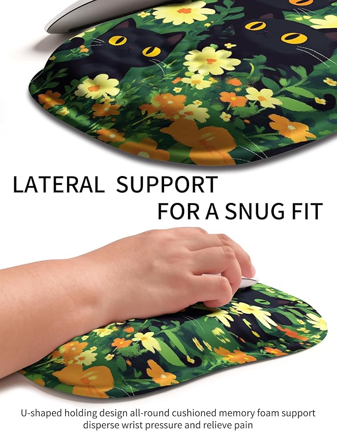 Hokafenle Ergonomic Wrist-Hugging Mouse Pad Wrist Support U-Shaped Holding Wrist Rest Mousepad for Carpal Tunnel Pain Relief with Cushioned Memory Foam Slope Massage Bulge(10.2x8.3 inBig Eyed Cat)
