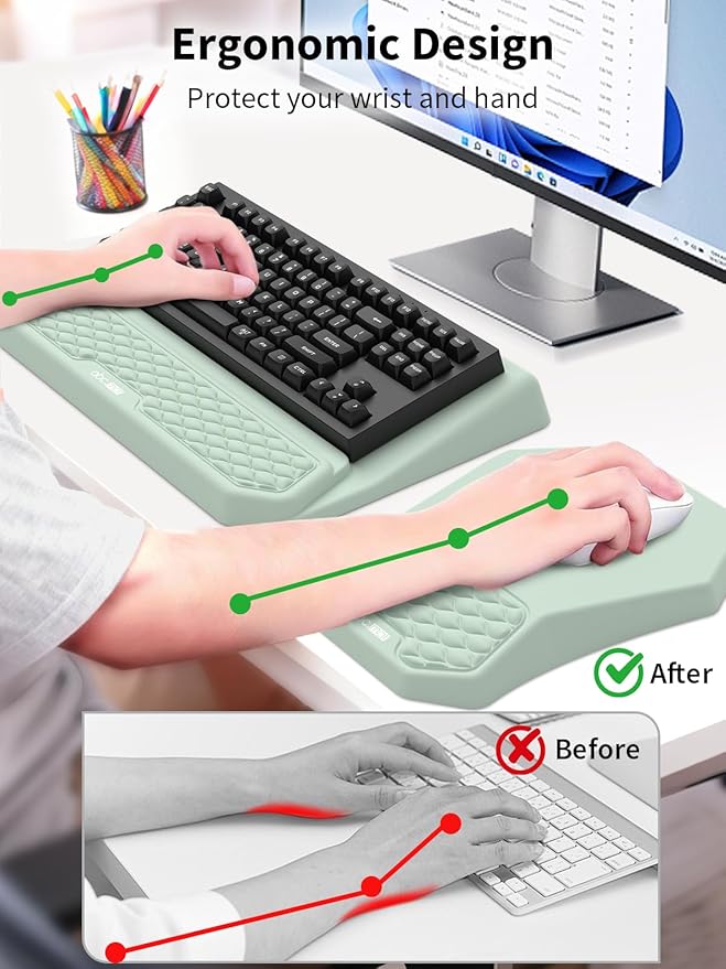 3-in-1 Ergonomic Keyboard Stand with Wrist Rest &amp Mouse Pad Set Comfy Keyboard Riser Holder Soft Mousepad with Massage Design Memory Foam and Non-Slip PU Base for Pain Relief Light Green