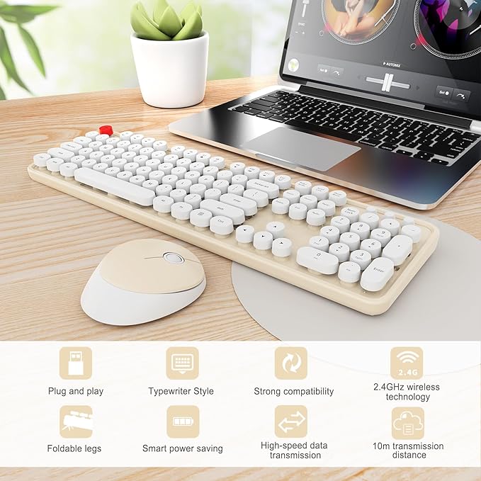 Wireless Keyboard and Mouse Combo Ergonomic Full Size Typewriter Retro Round Keycaps Keyboard Compatible with Windows PC Perfer for Home and Office Keyboards (Beige