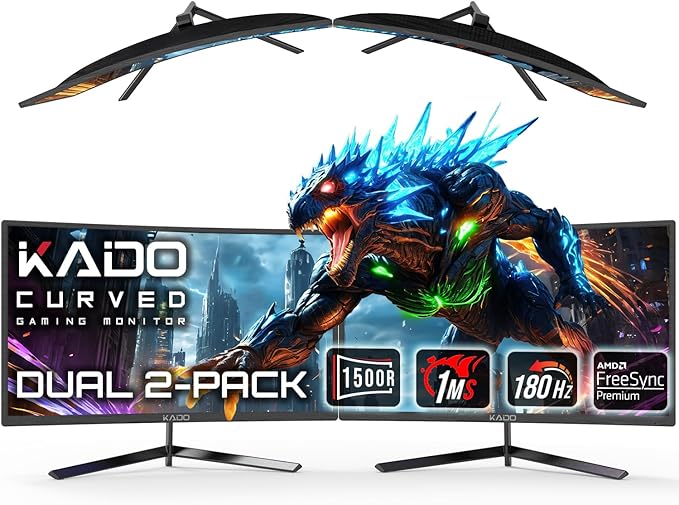 Kado Dual Gaming Monitor Setup - 2-Pack 24 180Hz 1ms Curved 1500R 1920x1080 AMD FreeSync Premium Panoramic Gaming Multi-View Split Screen Streaming VESA Mount HDMI DisplayPort Built-in Speakers