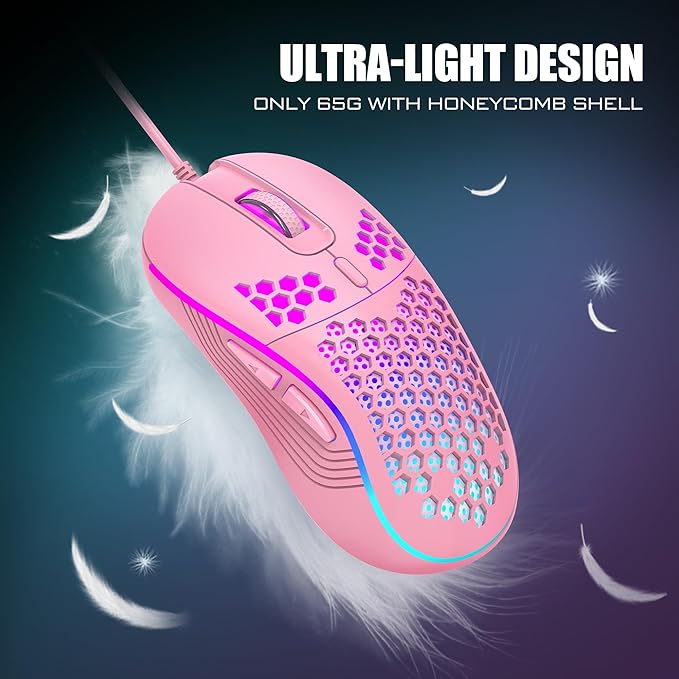 RedThunder 60% Gaming Keyboard and Mouse Combo Ultra-Compact 61 Keys RGB Backlit Mini Keyboard Lightweight 7200 DPI Honeycomb Optical Mouse RGB Wired Gaming Set for PC MAC PS5 Xbox Gamer(Pink)