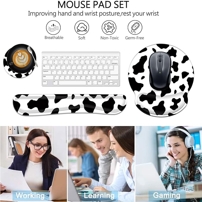 Keyboard Wrist Rest and Mouse Pad Wrist Support Set with CoastersNon-Slip PU Base Ergonomic Gaming Mousepad for Home Office Working Studying Easy Typing &amp Pain ReliefCute Cow Print