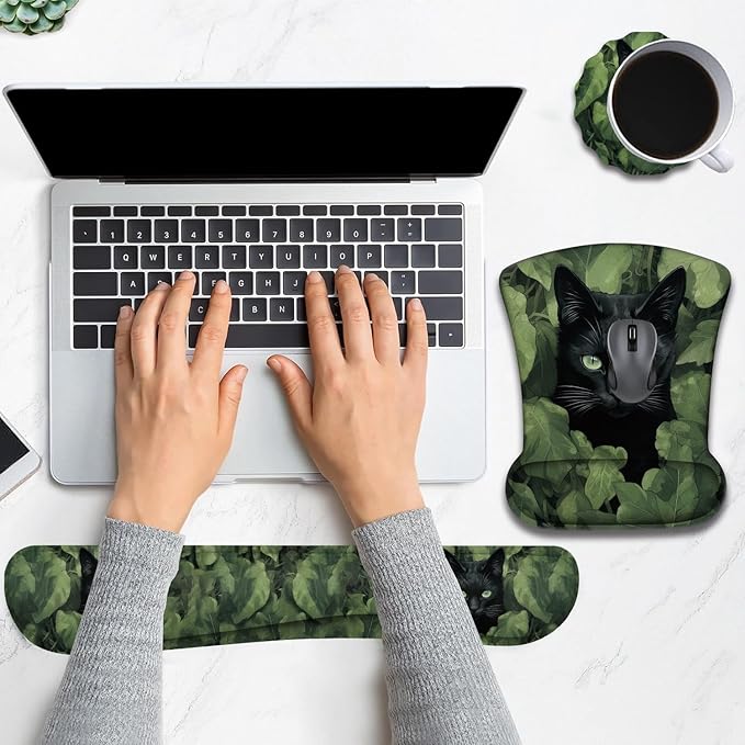Keyboard Wrist Rest and Mouse Pad Wrist Support with Lace-Shaped Coaster Set Ergonomic Gel Memory Foam and Anti-Slip Base Easy Typing and Pain Relief - Black Cat