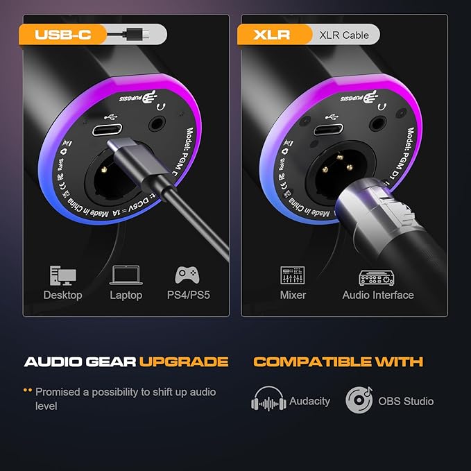 XLR/USB Podcast Microphone Gaming Mic with Mute Button Reverb Effects Noise Cancellation Boom Arm Stand Headphones Jack Dynamic Microphone for Streaming/Recording/Gaming/Vocal-Black
