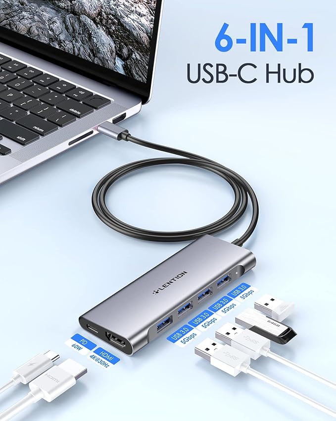 LENTION USB C Hub 6-in-1 USB C Dongle with 3.3ft Long Cable 4-Port USB 3.0 Hub 4K HDMI Adapter 100W PD Charging for MacBook Pro/Air Dell XPS HP Chromebook Steam Deck (C35-1M Space Gray)