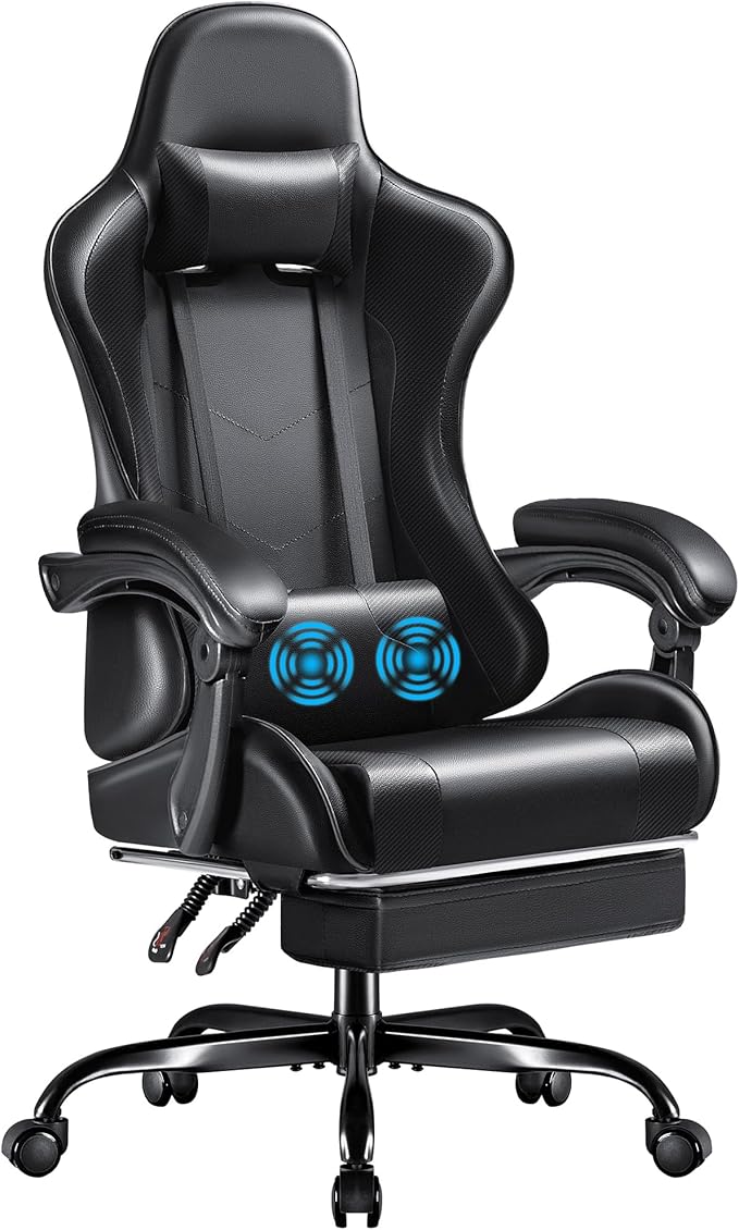 Furmax Gaming Chair Video Game Chair with Footrest and Massage Lumbar Support Swivel Seat Height Adjustable Computer Chair with Headrest Racing E-Sport Gamer Chair (Black)