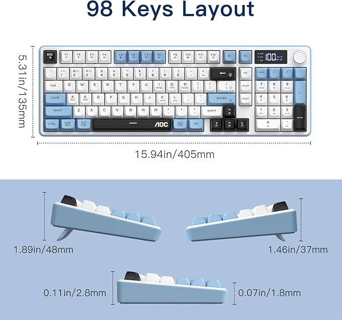 AOC GK210 Wireless Gaming Keyboard with Display &amp Knob Tri-Mode BT5.0/2.4GHz/Wired Connectivity RGB Backlit Keyboard with Number Pad 98-Key Layout 26-Key Anti-Ghosting Compatible for Mac Wind