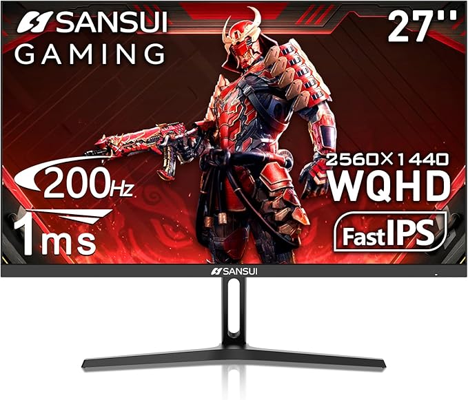 SANSUI 27 Inch WQHD 2560 x 1440 IPS Gaming Monitor 200Hz 180Hz 1ms Computer Monitor DP 1.2 x2 | HDMI 2.0 x2 | VESA Mount 120% sRGB HDR Eye Care Metal Stand (DP Cable Included)