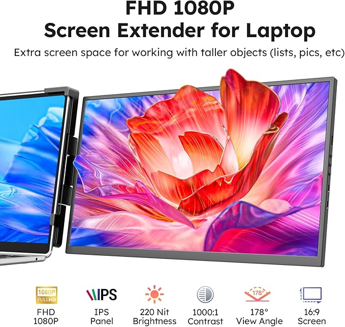 Laptop Screen Extender 15.6 FHD 1080P IPS External Portable Monitor for Laptop Plug &amp Play Dual Screen Monitor for 13-17 Laptops Compatible with Mac Wins Chrome Android Dex