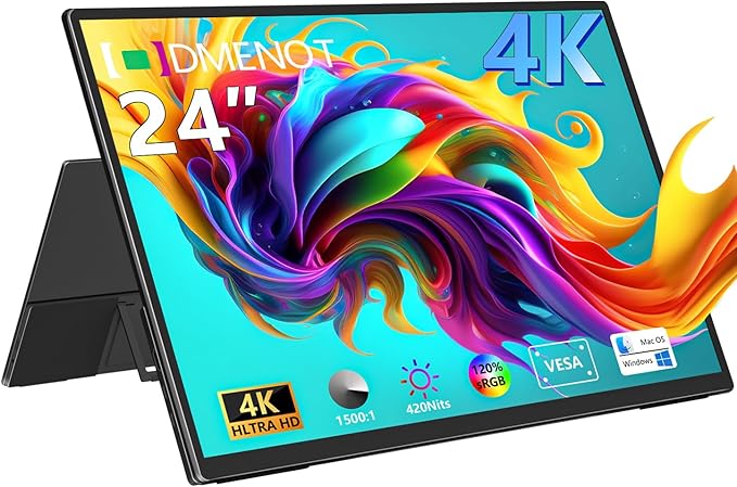 4K Large Portable Monitor 24“ Travel Monitor UHD 3840*2160 120% sRGB External Second Screen for MacBook Laptop Desktop Mini PC W/Stand VESA HDMI USB-C Gaming Display for PS5/Xbox Devices(O2401) (4K)