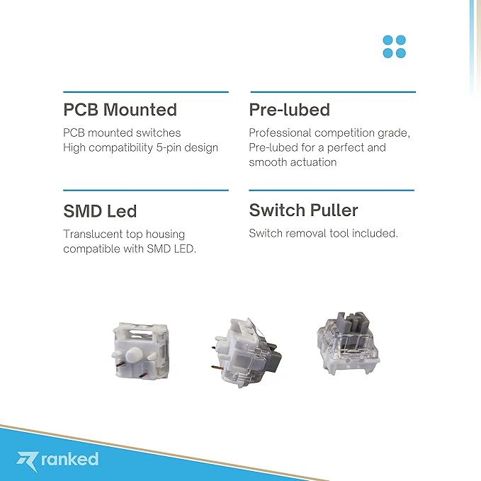 Ranked Kailh Turbo Key Switches for Mechanical Gaming Keyboards | PCB Mounted - 5 pins | Pre Lubed (Speed Silver 90 Pcs)