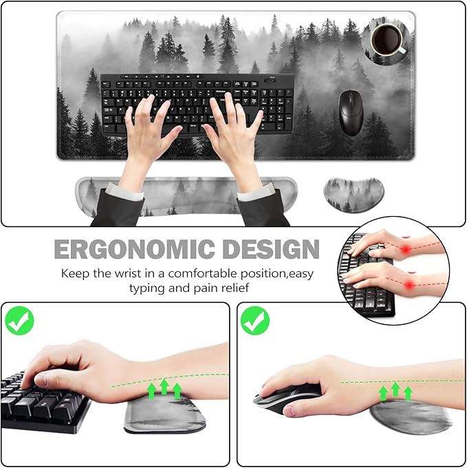 ToLuLu Extended Gaming Mouse Pad Memory Foam Ergonomic Keyboard Mouse Wrist Rest Support Set Large Desk Mat with Stitched Edges Non-Slip Base Mousepad for Home Office Game Study Tree Forests