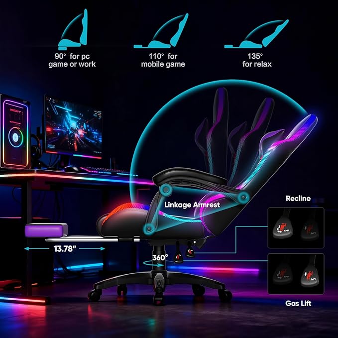 Gaming Chair RGB LED Lights Computer Chair with Footrest Lumbar Support Massager Gamer Chair High Back 90-135° Reclining Linkage Armrests Purple