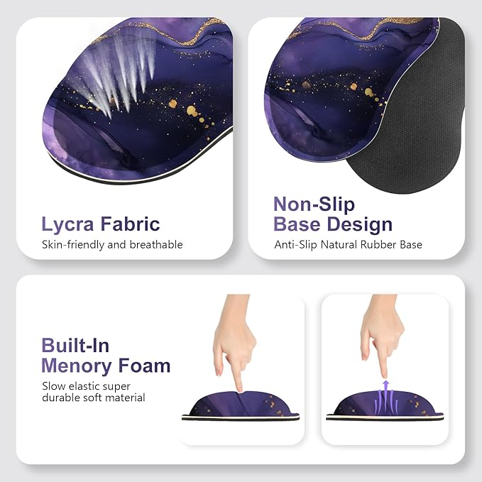 Large Gaming Mouse Pad Set 4 in1 Ergonomics Keyboard Desk Mat with Memory Foam Wrist Rest Extended Game Mousepad Non-Slip Desk Pad Matt Easy Typing Pain Relief I Purple Golden Marble