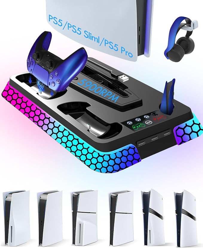 Pro Slim Cooling Station with RGB LightsStand Vertical Base Accessories with Silent 3-Level Cooling Fans Dual Controller Charger and USB Hubs (Black)