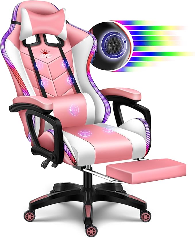 RGB Gaming Chair with Speakers and Massage Racing Computer Chair with Massage and Footrest for Office or Gaming. (Pink+White)