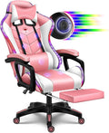 RGB Gaming Chair with Speakers and Massage Racing Computer Chair with Massage and Footrest for Office or Gaming. (Pink+White)