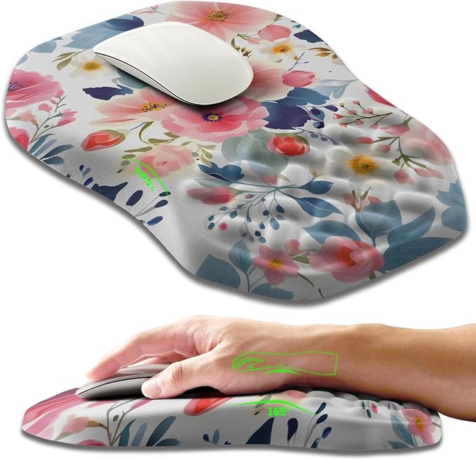 Ergonomic Slope Mouse Pad Wrist Support Wrist Rest Mousepad for Carpal Tunnel Pain Relief with Massage Bulge and Slow Rebound Memory Foam (12x8 inch Pink Floral)