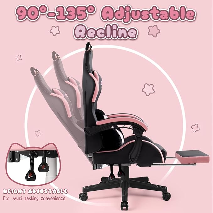 PUKAMI Gaming Chair with Cat EarsCute Computer Chair for Girl with FootrestErgonomic Gamer Chair Kawaii Gaming Chair Game Chair (Light Black)