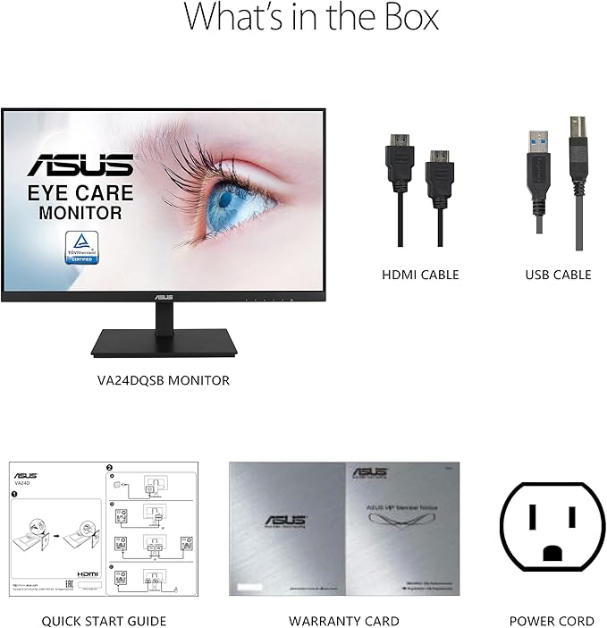 ASUS 24”1080P Monitor(VA24DQSB)-Full HDIPS75HzSpeakers Adaptive-Sync Low Blue Light Flicker Free VESA Mountable Frameless HDMI DisplayPort VGA USB hub Height Adjustable Black12.8x21.3x2.1