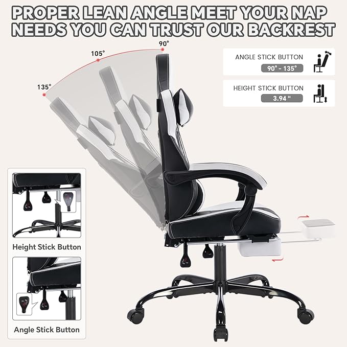 Gaming Chair with Footrest High Back Gaming Chairs PVC Leather Ergonomic Office Gamer Chair Headrest Lumbar Support Racing Style Video Gaming Chair (Black &amp White)