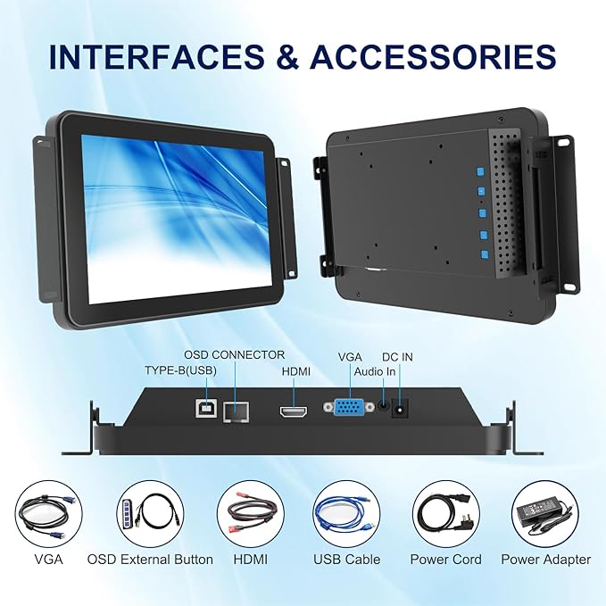 10.1 Inch Capacitive Touch Screen Monitor 10-Point Multi-Touch Industrial Display 1280x800 IP65 Front Waterproof HD-MI &amp VGA Port Full Black Open Frame Touch Screen Monitor