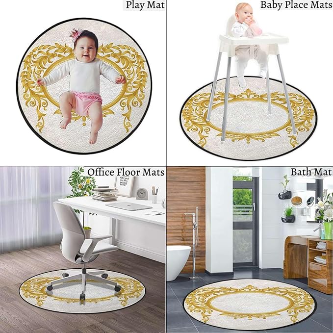 Cream Golden Office Chair Mat Hardwood Floor Computer Desk Mat Anti-Slip Gaming Chair Mat Round Floor Mat Durable Floor Protector of a Frame with Ornaments Floral Patterns Diameter 35.4 in