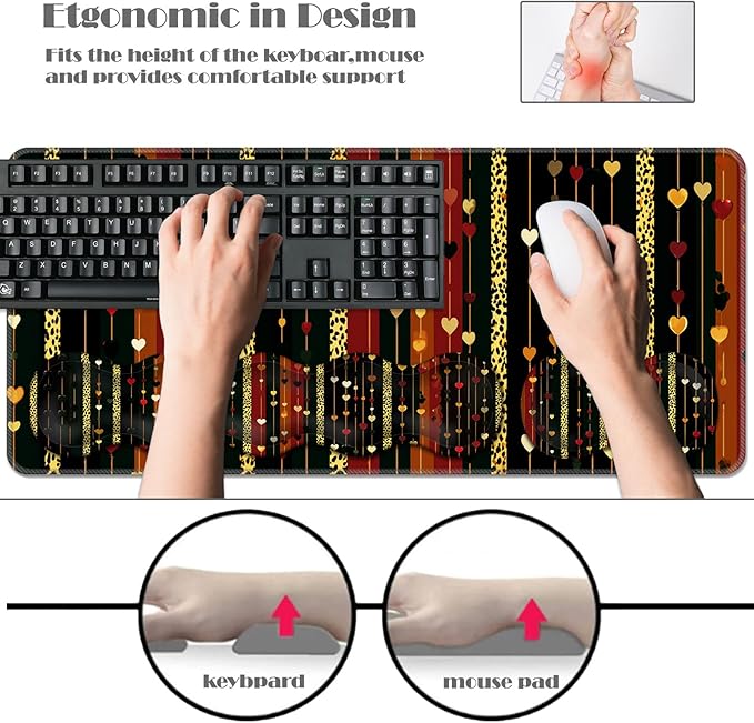 Ergonomic Keyboard Wrist Rest &amp Mouse Pad Wrist Rest SetXL Gaming Desk Mat 31.5x 11.8Non-Slip BaseMemory FoamEasy Typing Pain Relief for Office &amp HomeHearts and Leopard Print