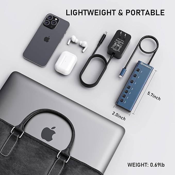 Minisopuru Powered USB Hub7 IN1 Powered USB C Hub with 3 USBA 3.0 Data Ports and 4 USB C Data Smart Charging for iPhone/iPad USB Splitter with Individual On/Off Switches and 12V/3A Power Adapter