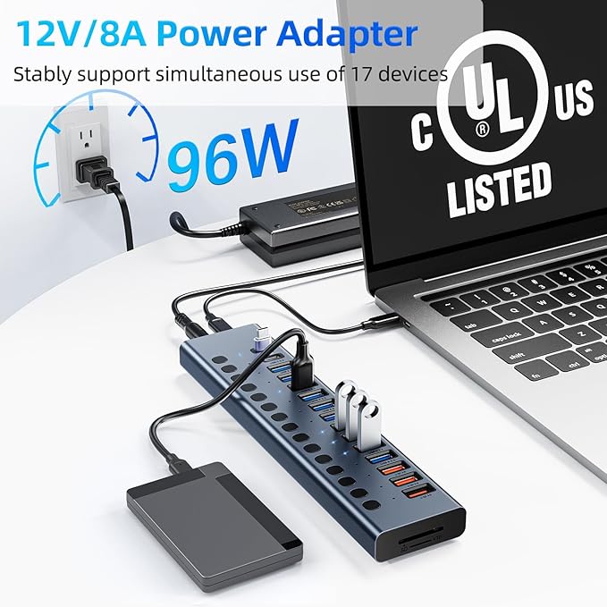 Powered USB Hub 10Gbps 17 Ports 96W USB 3.2 Hub(10 USB-A 3.2 Ports+3 QC 24W Fast Charging Ports+2 USB-C 3.2 Ports+SD/TF Card Reader) 12V/8A Power Adapter for Laptop PC Computer HDDFlash Drive