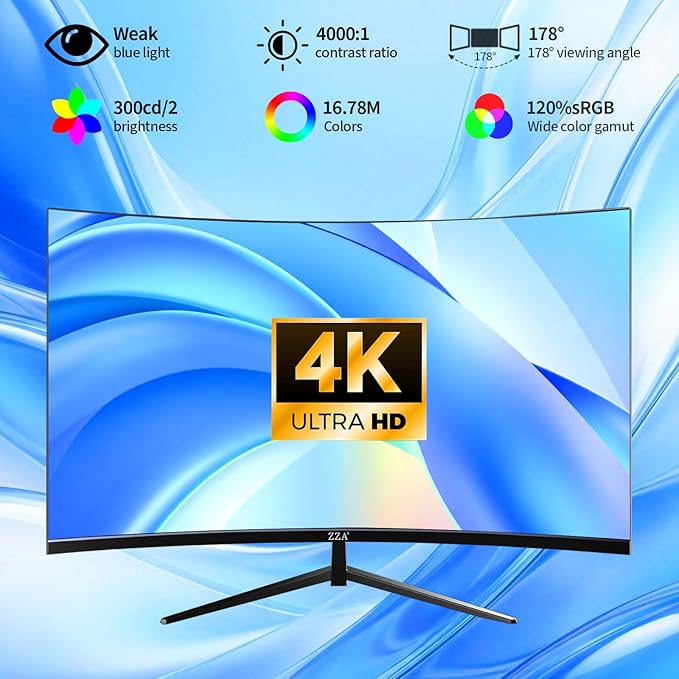 ZZA 32 Inch Curved Gaming MonitorUHD 3840 * 2160 60Hz 4K PC Monitor Curved 1500R4000:1 Contrast1Ms MPRTHDRFreeSyncVAHDMI DP1.4
