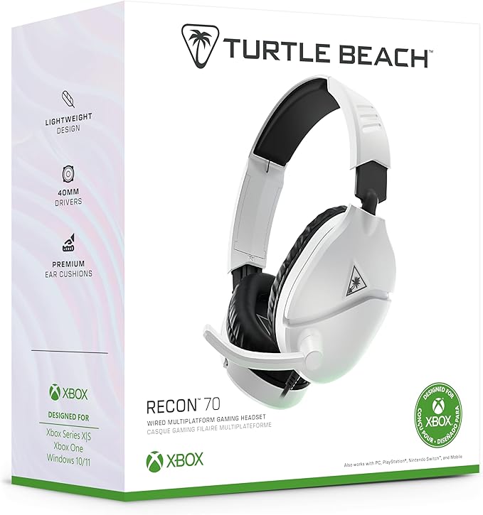 Turtle Beach Recon 70 Multiplatform Gaming Headset for Xbox Series X|S Xbox One PS5 PS4 PC &amp Mobile w/ 3.5mm Wired Connection - Flip-to-Mute Mic 40mm Speakers Lightweight Design White