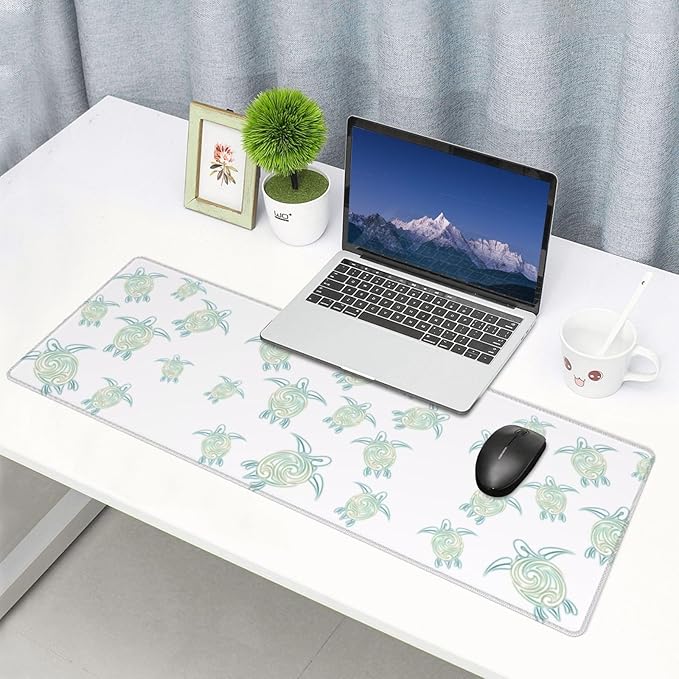 Sea Turtles Pattern White Green Nautical Large Mouse Pad 31.5x12 Inch Gaming Desk Mat XXL Non-Slip Rubber Base Computer Pad with Durable Stitched Edges for Work and Play