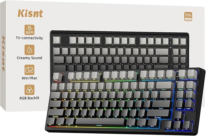 KN85 Wireless Mechanical Gaming Keyboard 75% Layout with RGB Backlit Custom Hot Swappable Creamy Sound Bluetooth/2.4GHz/USB-C Compatible with Windows/Mac/PC(Gradient Gray Side Printed)