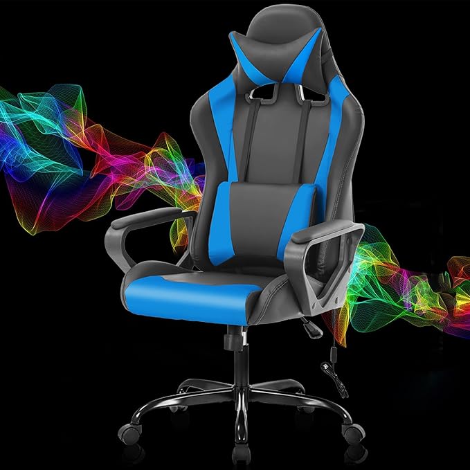 PC Gaming Chair Office Chair Racing Desk Chair with Lumbar Support Arms Headrest Massage High Back PU Leather Ergonomic Computer Chair Rolling Adjustable Swivel Chair for Women Men Adult Blue