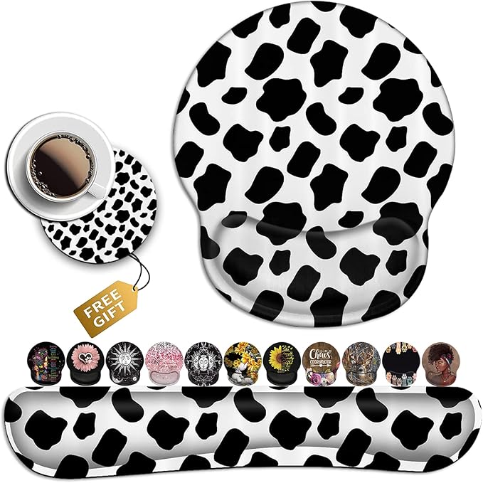 Wireless Mouse Pad with Wrist Support Ergonomic Gel Mouse Pad Keyboard Wrist Rest Soft Memory Foam Keyboard Wrist Pad for Office Typing Desk Pad Black and White Cow Pattern Animal Gaming Mousepad