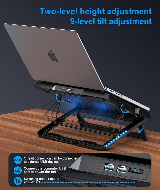 Laptop Cooling Pad Laptop Cooler with 6 Quiet Fans Up to 17.3 Inch Heavy Notebook Cooler Stand 8 Levels of Tilt Two Levels of Height Adjustable (Black)