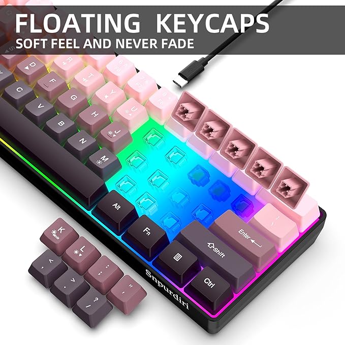 Snpurdiri 60% Wired Gaming Keyboard 61 Keys RGB Backlit Ultra-Compact Small Gaming Keyboard for PC/Mac Gamer Typist Travel Easy to Carry on Business Trip (Pink-Black)