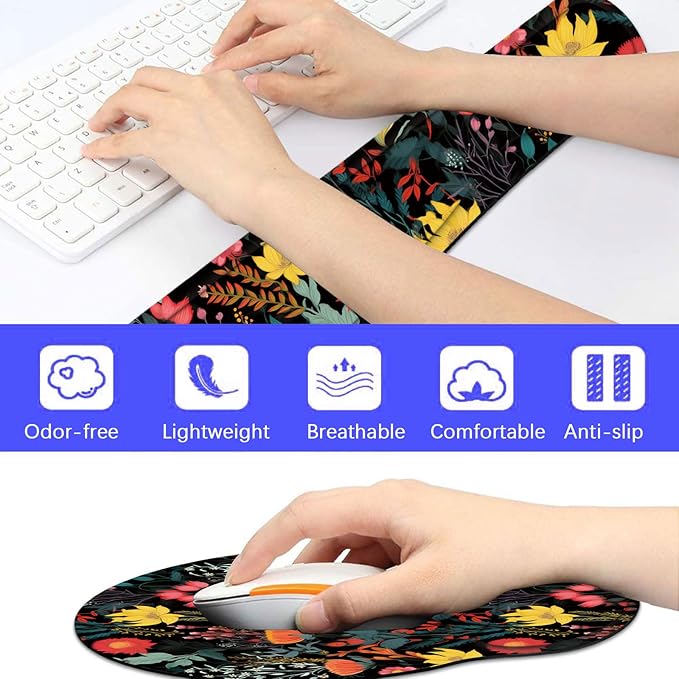 Keyboard Wrist Rest and Mouse Pad Wrist Support Set with CoasterErgonomic Mouse PadComfortable for Easy Typing Pain ReliefMemory Foam Keyboard Pad Set for Laptop MacBeautiful Floral