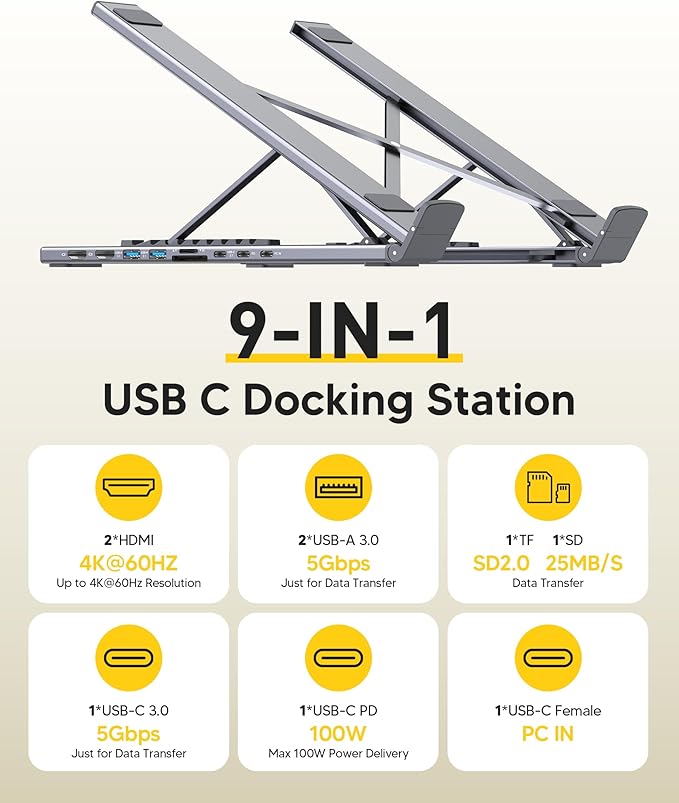USB C Laptop Docking Station Stand Dual Monitor 4K@60Hz 9 in 1 USB C Hub with 2 HDMI 2 USB 3.0 PD 100W Universal Dock Station for MacBook Pro/Air/Dell/HP/Surface/Lenovo