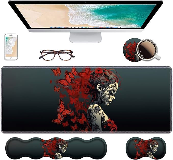 Ergonomic Keyboard Wrist Rest &amp Mouse Pad Wrist Rest Set Large Gaming Desk Mat 31.5x 11.8 with Non-Slip Base Memory Foam Easy Typing Pain Relief for Home &amp Office Tattooed Girl and Red B