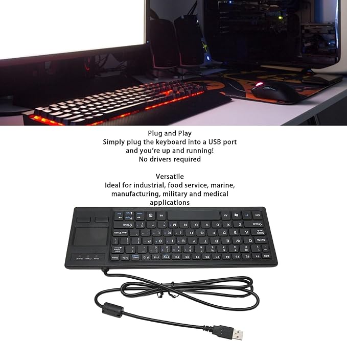 Wired Keyboard with Trackpad Ultra Thin Touch Keyboard with X Scissors Key Built in USB Hub Compact Mini Industrial Keypad for Food Service Marine Medical