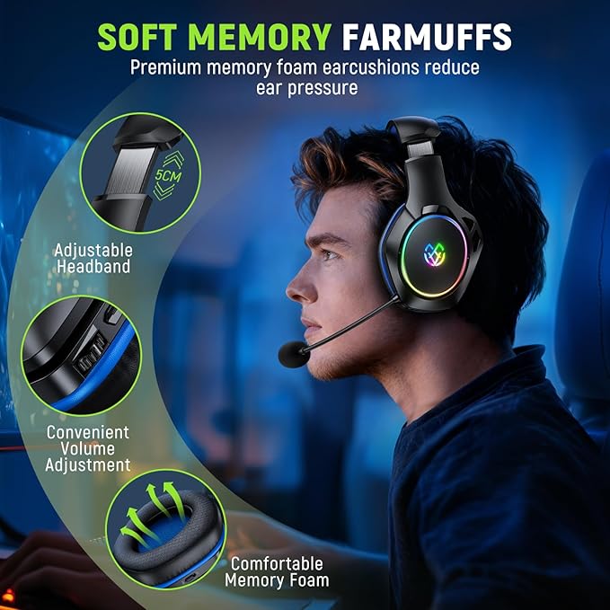 Wireless Gaming Headset for Ps5 Ps4 Pc with 7.1 Surround Sound 360° Adjustable Microphone 40H+ Battery 2.4GHz USB &amp Type-C – Compatible with Switch Laptop Mac Mobile Phone