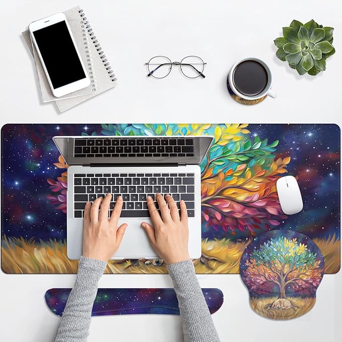 Britimes Colorful Tree Oil Painting Keyboard Mouse Pad Set Cute Dog 4in1 Large Mousepad+Keyboard Wrist Rest+Mouse Wrist Rest+Coaster Ergonomic Design for Home Office Computer 35.4x15.7 inches