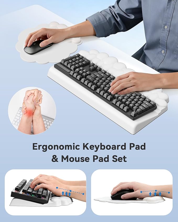 Cloud Wrist Rest for Keyboard and Mouse for Desktop PU Leather Cloud Computer Keyboard Stand with Mouse Pad Key Board Wrist Support Riser Angle Adjustable Arm Rest(White)
