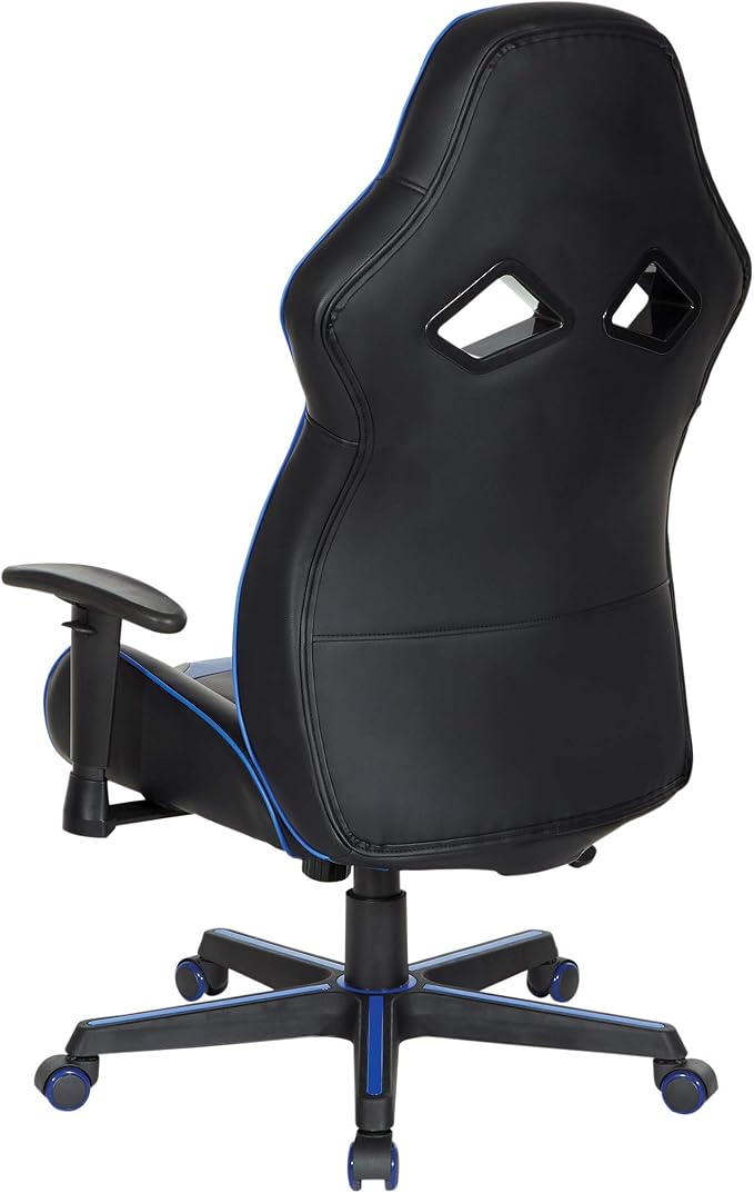 OSP Home Furnishings Vapor Ergonomic Adjustable High Back Faux Leather Gaming Chair with Coil Spring Seat and Integrated Cooling Airflow Blue Accents