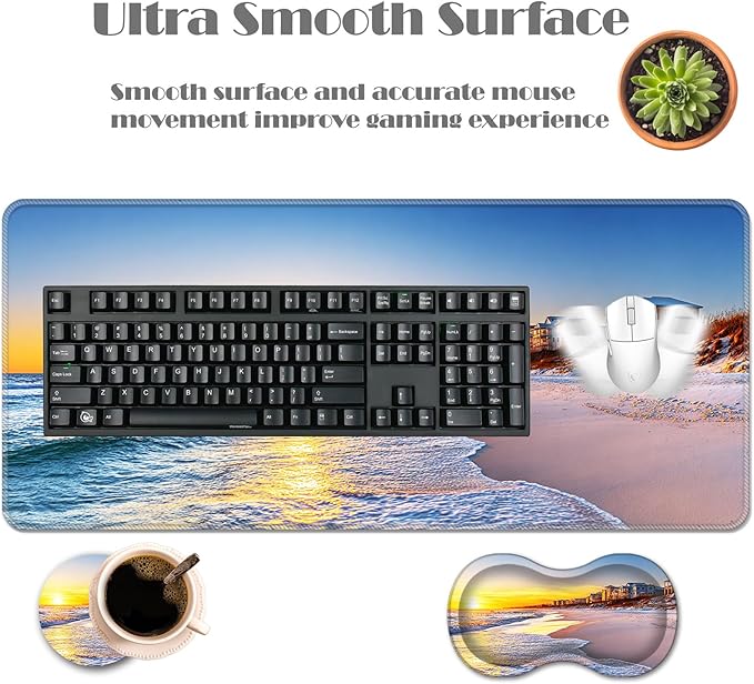Ergonomic Keyboard Wrist Rest &amp Mouse Pad Wrist Rest SetXL Gaming Desk Mat 31.5x 11.8Non-Slip BaseMemory FoamEasy Typing Pain Relief for Office &amp HomeSunset with Beach Houses