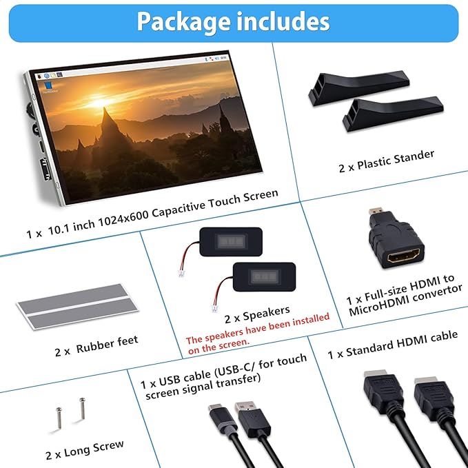 GeeekPi 10.1 Inch Capacitive Touchscreen Display 1024x600 IPS LCD with Dual-Speaker HDMI Portable Monitor for Raspberry Pi 5/4B/3B+/3B/B+/Zero/400 Win11/10/8/7 Free-Driver